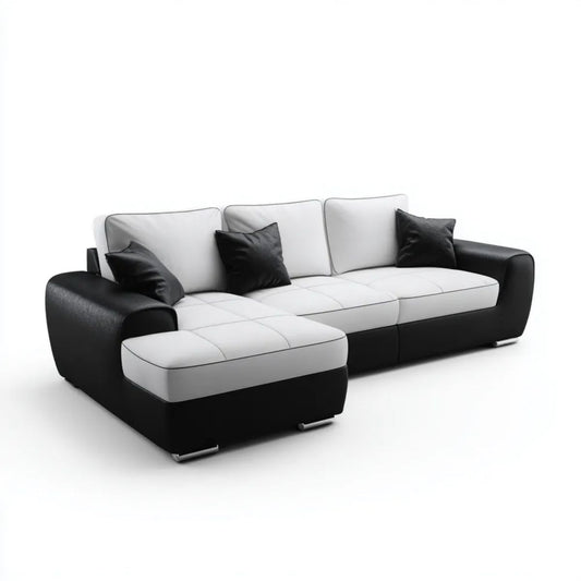 Lewostronna sofa narożna z szezlongiem, tapicerka ze skóry syntetycznej PU, czarno-biała, 280 × 170 × 85 cm