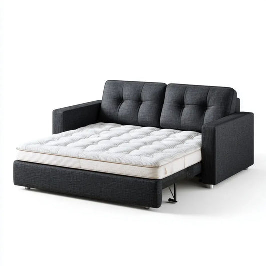 Czarna rozkładana sofa dwuosobowa z tapicerką poliestrową i białym materacem, 205 x 95 x 90 cm, powierzchnia spania 140 x 190 cm