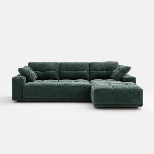 Prawostronna sofa narożna zielona z tapicerką sztruksową 285 × 165 × 86 cm